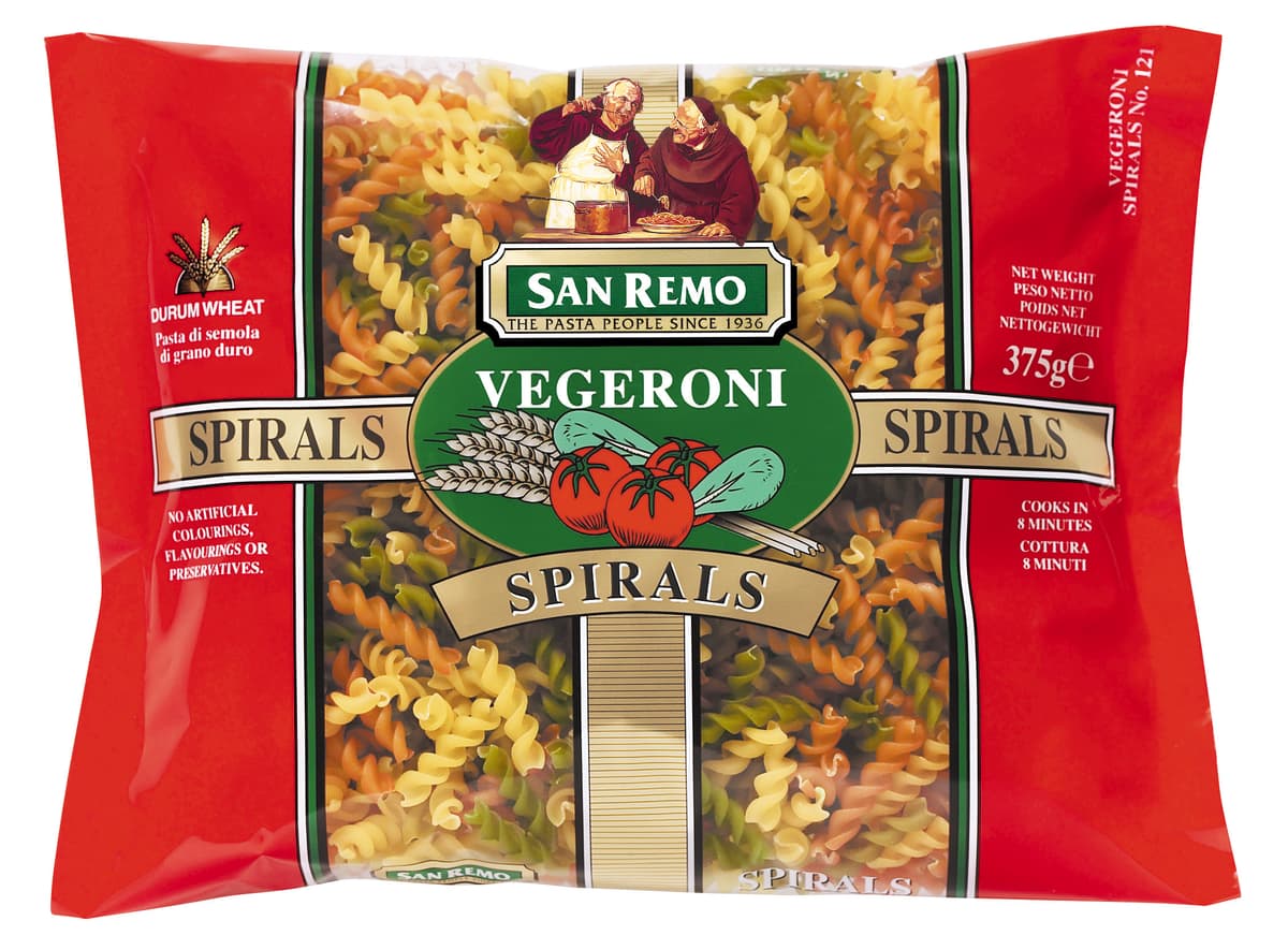 SAN REMO Vegeroni Spirals 375gm/pack (12 packs per carton) Imported from AUSTRALIA - GBA P.Code: 50022