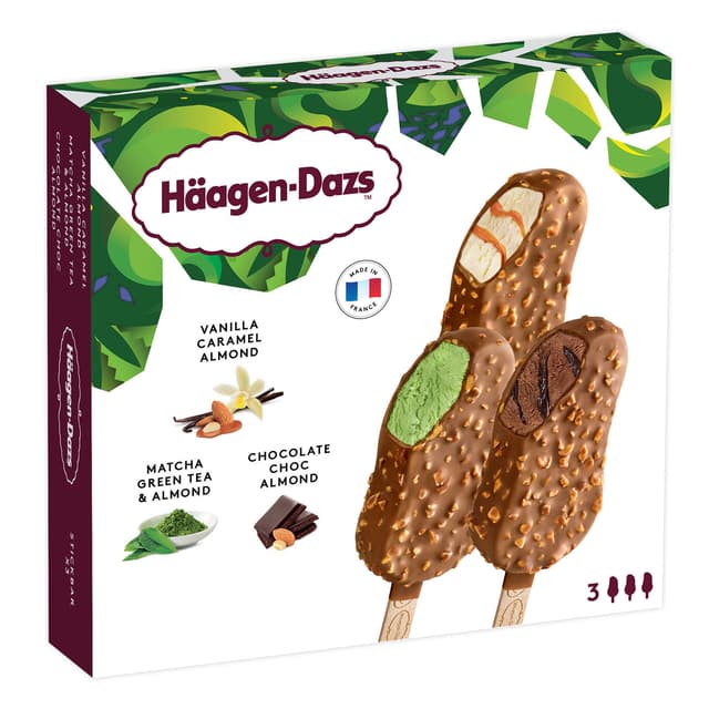 Häagen-Dazs Vanilla Caramel Almond & Matcha Green Tea Almond & Chocolate Choc Almond 3 x 80ml/Multipack (12 multipacks per carton) Imported from France GBA P.Code: HD3003