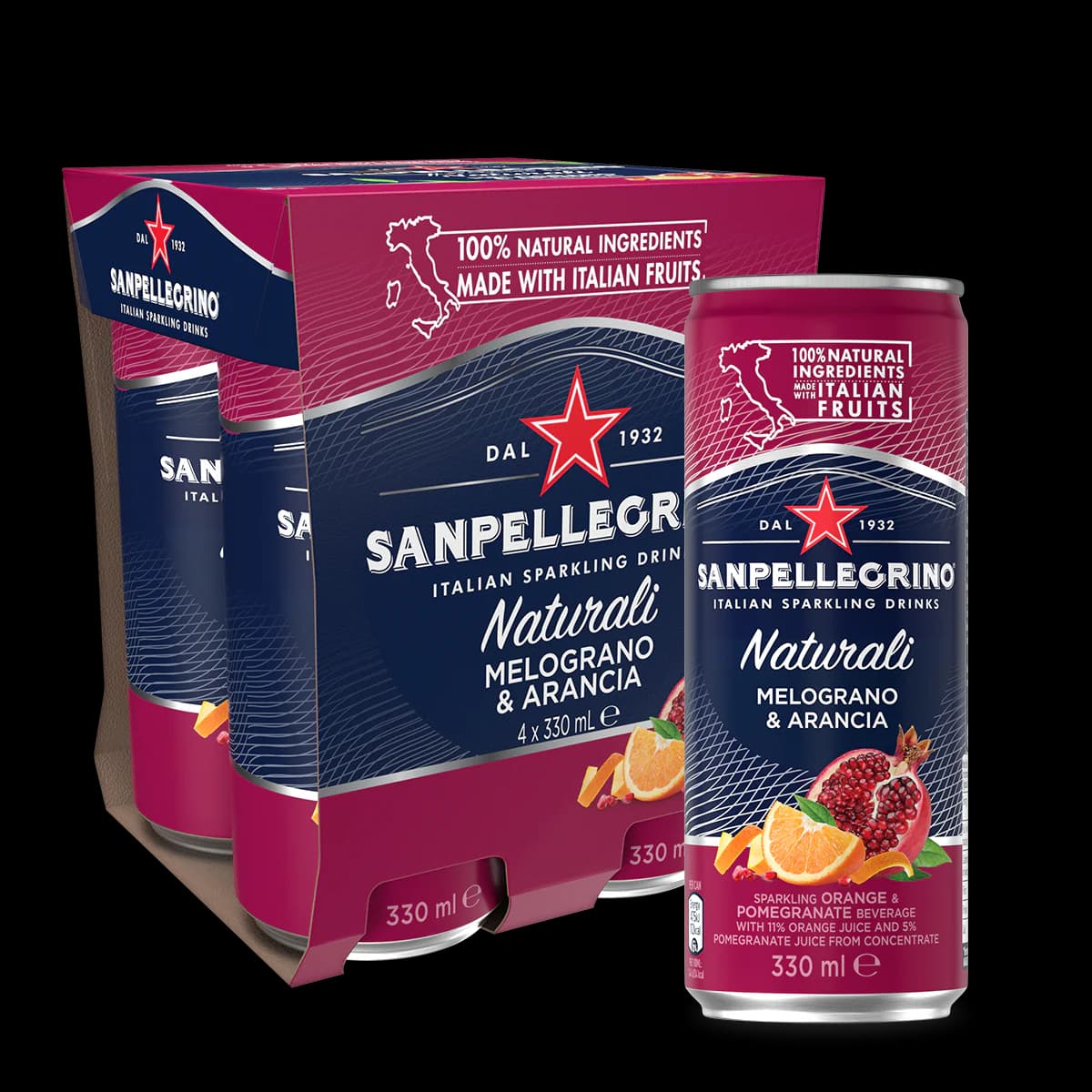 San Pellegrino Sparkling Melograno & Arancia (Pomegranate) Drink 330ml/Can x 24 cans per Carton (Sold per Carton)
